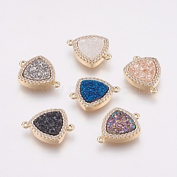 Natural Druzy Agate Links connectors, with Brass Finding and Cubic Zirconia, Triangle, Golden, Mixed Color, 18x13x4mm, Hole: 1mm(KK-G343-06)