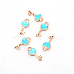 Alloy Enamel Pendants, Key with Heart, Blue, Light Gold, 16x7x2.5mm, Hole: 1.8mm(ENAM-TAC0005-05KCG)