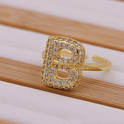 Brass Micro Pave Clear Cubic Zirconia Initial Cuff Rings, Golden, Letter B, Inner Diameter: Adjustable(FS-WGB210B-03)