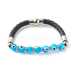 Handmade Lampwork Evil Eye Beaded Bracelets, with Cowhide Leather Cord, Brass Rhinestone Spacer Beads and Magnetic Clasp, Cyan, 7-1/2 inch(19cm)(BJEW-JB06379-01)