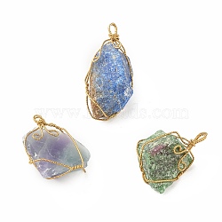 Rough Raw Natural Gemstone Pendants, with Golden Tone Brass Wire Wrapped, Nuggets, 36~44x22~32x13~23mm, Hole: 4.5~5x2~3mm(PALLOY-JF01451)