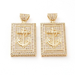 Brass Micro Pave Clear Cubic Zirconia Pendants, Long-Lasting Plated, Rectangle with Anchor, Real 18K Gold Plated, 47x24x6mm, Hole: 3.5x4.5mm(ZIRC-L093-36G)