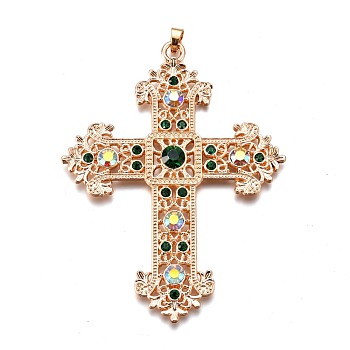 Alloy Rhinestone Big Pendants, Religion, Lead Free & Cadmium Free, Cross, Light Gold, Emerald, 87x67x6mm, Hole: 4.5x6mm