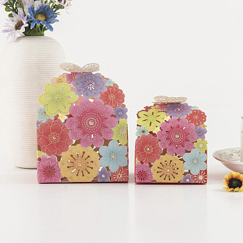 Hollow Floral Paper Gift Box, Flower Butterfly Candy Packaging Box, Rectangle, Colorful, 6.5x7x8cm