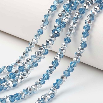 Electroplate Transparent Glass Beads Strands, Half Silver Plated, Faceted, Rondelle, Deep Sky Blue, 3.5x3mm, Hole: 0.4mm, about 123~127pcs/strand, 13.7~14.1 inch(35~36cm)