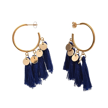 Half Hoop Earrings, with Ear Nuts, Cotton Thread Tassels, 304 Stainless Steel Stud Earring Findings and Flat Round Brass Charms, Prussian Blue, 63mm, Pin: 0.7mm