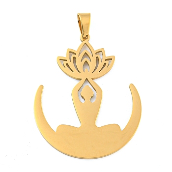 304 Stainless Steel Pendants, Laser Cut, Lotus with Yoga Charm, Real 18K Gold Plated, 33x26x1.5mm, Hole: 6x3mm