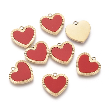 316 Surgical Stainless Steel Charms, with Acrylic, Stripe Heart, Golden, Red, 11x12x1.5mm, Hole: 1.2mm