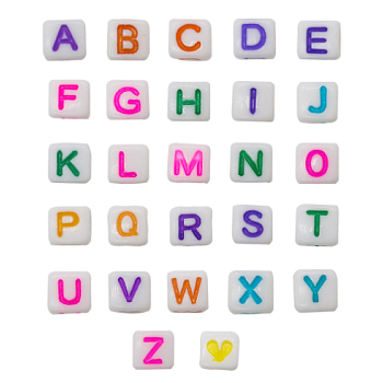 Opaque Acrylic Beads, White, Cube with Alphabet, Letter A~Z, Colorful, 6x6x6mm