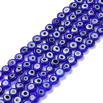 Handmade Lampwork Beads, Flat Round with Evil Eye, Deep Sky Blue, 4.5x2.5mm, Hole: 0.6mm, about 90~100pcs/strand, 15.35''~15.75''(39~40cm)