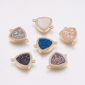 Natural Druzy Agate Links connectors, with Brass Finding and Cubic Zirconia, Triangle, Golden, Mixed Color, 18x13x4mm, Hole: 1mm