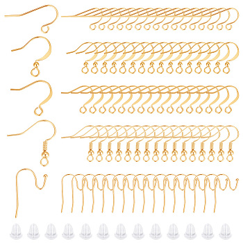 100Pcs 5 Style Brass Earring Hooks, Shepherd's Hook Ear Wire, French Hooks with Coil and Ball, with 100Pcs Plastic Ear Nuts, Real 18K Gold Plated, 13~21x15.5~20x0.7~3mm, Hole: 1.5~2.5mm, Pin: 0.5~0.9mm, 20Pcs/style