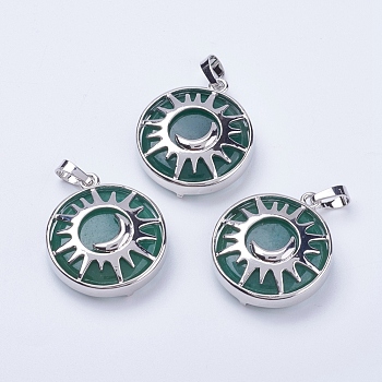 Natural Green Aventurine Pendants, with Brass Findings, Flat Round with Sun & Moon, Platinum, 31x27.5x8mm, Hole: 5x7mm