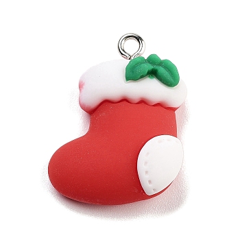 Christmas Theme Opaque Resin Pendants, with Platinum Tone Iron Loops, Christmas Socking, 25.5x20x13mm, Hole: 2mm