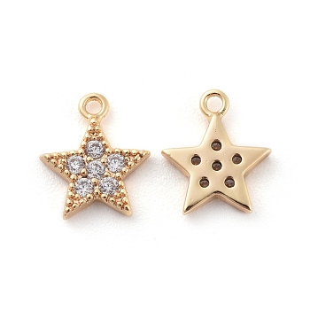 Brass Cubic Zirconia Charms, Star, Clear, Nickel Free, Real 18K Gold Plated, 8.5x7x1.5mm, Hole: 1mm