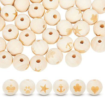 60Pcs 6 Styles Wood European Carved Beads, Large Hole Round Beads, Undyed, Mixed Shapes, 19x17.5mm, Hole: 5mm, 10pcs/style