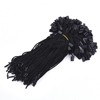 Polyester Cord with Seal Tag, Plastic Hang Tag Fasteners, Black, 180~185x2mm, Seal Tag: 10x7x4mm and 9x3mm, about 1000pcs/bag