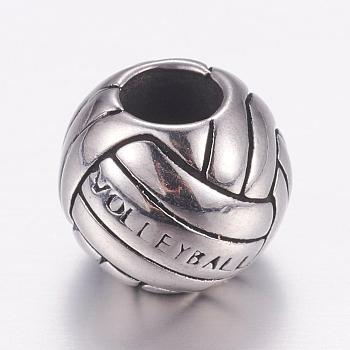 304 Stainless Steel European Beads, Sports Beads, Large Hole Beads, Volleyball, Antique Silver, 11x10mm, Hole: 5mm