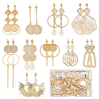 DIY Geometry Dangle Stud Earring Making Kit, Including Alloy & Brass & 201 Stainless Steel Flat Round & Oval & Bar Link Connectors & Pendants, Glass Pearl Beads, Brass Post Earring Findings, Golden, 134Pcs/box