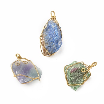 Rough Raw Natural Gemstone Pendants, with Golden Tone Brass Wire Wrapped, Nuggets, 36~44x22~32x13~23mm, Hole: 4.5~5x2~3mm