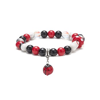 Natural & Synthetic Mixed Stone Round Beaded Stretch Bracelet, Lampwork Beetle Charm Yoga Bracelet for Women, Colorful, Inner Diameter: 2-1/8 inch(5.4cm)