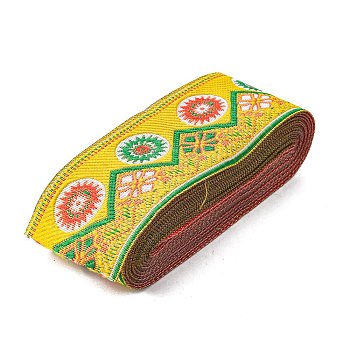Embroidery Polyester Ribbons, Jacquard Ribbon, Garment Accessories, Floral Pattern, Yellow, 2 inch(50mm), 7m/roll