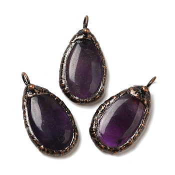 Natural Amethyst Pendants, Red Copper Tone Brass Teardrop Charms, 38x20.5x7.5~8mm, Hole: 5mm