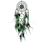 Maple Leaf Woven Net/Web with Feather Hanging Suncatchers, with Polyester & Iron Ring for Outdoor & Garden Decor, Green, 750mm(HJEW-F024-01)