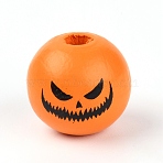 Natural Wood Beads, Round with Expression, Halloween Theme, Dark Orange, 1.6x1.5cm, Hole: 3.5mm(X1-WOOD-TAC0007-48)