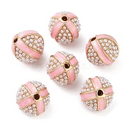 Alloy Enamel Beads, with ABS Imitation Pearl, Golden. Round, Pink, 13.5x13.5mm, Hole: 2mm(FIND-E046-11G-04)