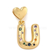 Brass Micro Pave Cubic Zirconia European Dangle Charms, Real 18K Gold Plated, Letter U, 30mm, Hole: 6x3mm, pendant: 20.5x16x4mm(KK-P281-01G-U)