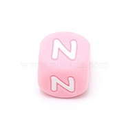 Silicone Alphabet Beads for Bracelet or Necklace Making, Letter Style, Pink Cube, Letter.N, 12x12x12mm, Hole: 3mm(SIL-TAC001-01B-N)