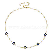 Cubic Zirconia Classic Tennis Necklace with Flower Links, Golden Brass Jewelry for Women, Dark Blue, 14.37 inch(36.5cm)(NJEW-N048-01A)