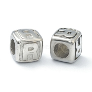 304 Stainless Steel European Beads, Large Hole Beads, Horizontal Hole, Cube with Letter, Stainless Steel Color, Letter.R, 8x8x8mm, Hole: 4mm(STAS-H145-01R-P)
