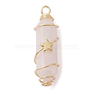 Natural Rose Quartz Copper Wire Wrapped Pointed Pendants, Faceted Bullet Charms with Golden Tone Brass Star Beads, 34.5~37x10.5x12mm, Hole: 2.7mm(PALLOY-JF02461-01)