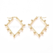 304 Stainless Steel Angular Hoop Earrings, Hypoallergenic Earrings, with Round Beads, Rhombus, Golden, 36.5x31.8x3mm, Pin: 0.5x0.9mm(X-EJEW-E258-02G)