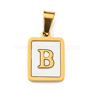 PVD Vacuum Plating 304 Stainless Steel Pave Natural White Shell Pendants, Rectangle with Letter Charms, Golden, Letter B, 17.5x12x1.5mm, Hole: 6x3mm(STAS-S130-03G-B)