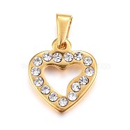 304 Stainless Steel Pendants, Large Hole Pendants, with Rhinestone, Heart, Crystal, Golden, 18.5x16x2.5mm, Hole: 6x3.5mm(STAS-P216-04G)