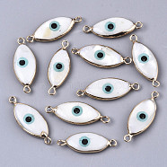 Natural Freshwater Shell Links Connectors, with Brass Loops and Enamel Horse Eye with Evil Eye, Black, Light Gold, Medium Turquoise, 27~28x10x4mm, Hole: 1.8mm(SHEL-N026-48)
