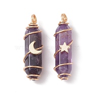 Natural Amethyst Copper Wire Wrapped Pendants, Faceted Bullet Charms with Light Gold Tone Star & Moon Brass Beads, 36~37.5x10~10.5x11~12mm, Hole: 3.5~4mm, 2pcs/set(PALLOY-JF02535-02)