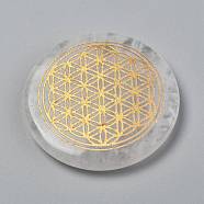 Chakras Themed Natural Quartz Crystal Cabochons, Rock Crystal Cabochons, Flat Round with Flower of Life, 35x6~7mm(G-P001-22A)