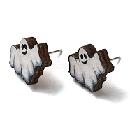 Wood Stud Earrings, with 316 Surgical Stainless Steel Pin, Halloween Theme, White, Ghost, 14x15mm(EJEW-Z054-02I)