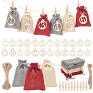 24Pcs 3 Colors Rectangle Christmas Linen Gift Bags with Number 1~24 Pendant Ornaments, with Wooden Clips, Festive Decorations, Mixed Color, Bag: 14x8.9x0.4cm, 8pcs/color(ABAG-WH0035-039)