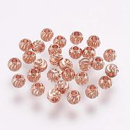 Brass Spacer Beads, Long-Lasting Plated, Corrugated Round, Rose Gold, 4x3mm, Hole: 1.6mm(KK-G312-01RG-4mm-RG)