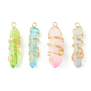 4Pcs 4 Colors Electroplated Natural Quartz Crystal Pendants, with Light Gold Plated Copper Wire Wrapped Faceted Bullet Charms, Mixed Color, 35.5~36.5x8.5~13x8~12mm, Hole: 2.3mm, 1pc/color(PALLOY-TA00068)