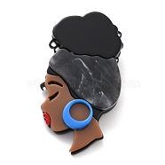 African Girl Brooch, Fashion Acrylic Safety Lapel Pin for Backpack Clothes, Black, 63x37x7mm, Pin: 0.6mm(JEWB-M021-20)