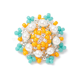 Loom Pattern Glass Seed Beads, with Shell Pearl Beaded, Flower Pendant, Gold, 21x21x8.5mm, Hole: 0.8mm(PALLOY-MZ00119-03)