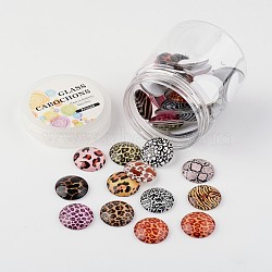 Glass Cabochons, Animal Skin Printed, Flatback Half Round/Dome, Mixed Color, 25x7mm, about 50pcs/box(GGLA-JP0003-10)