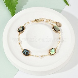 Rectangle Brass Abalone Shell Link Bracelets, with Pearls, Real 14K Gold Plated, 6-3/4 inch(17cm)(KK-D301-02G)