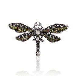 Alloy Enamel Big Pendants, Dragonfly, with Rhinestone, Antique Silver, Yellow, 42x72x4mm, Hole: 2mm(ENAM-J028-20AS)